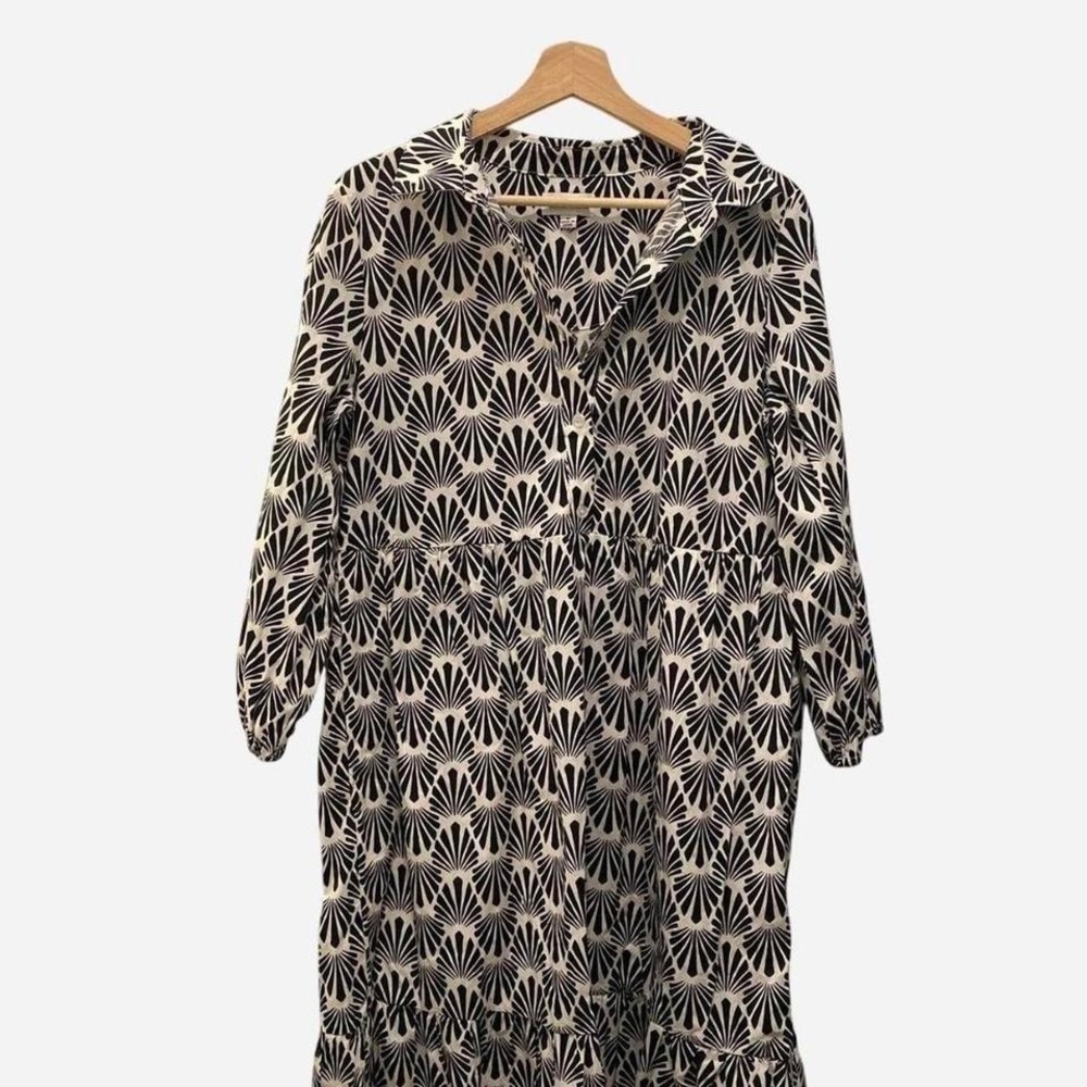 Tahari Shirt Dress Womens M Black White NWT Geometric Fan‎